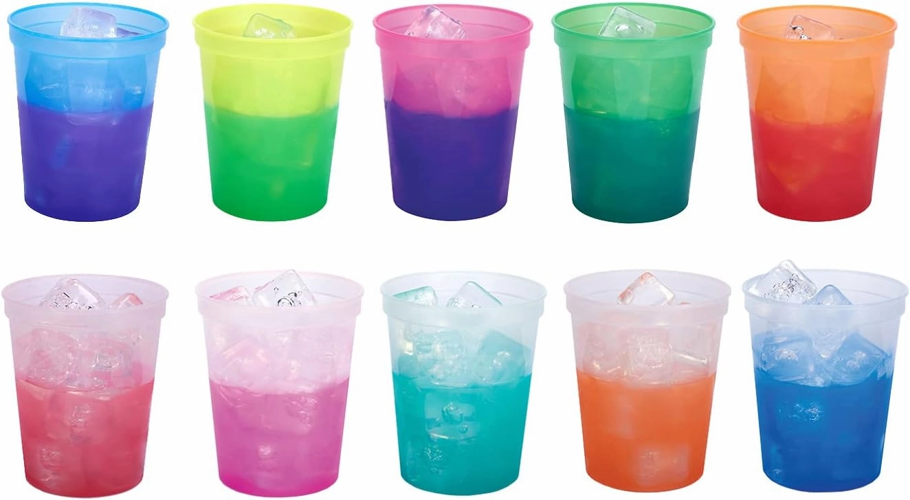 Rolling Sands 16 Oz Reusable Plastic Stadium Cups, Bulk 50 Pk, Made in USA, BPA-Free Dishwasher Safe Color Changing Tumblers, Frost to Blue