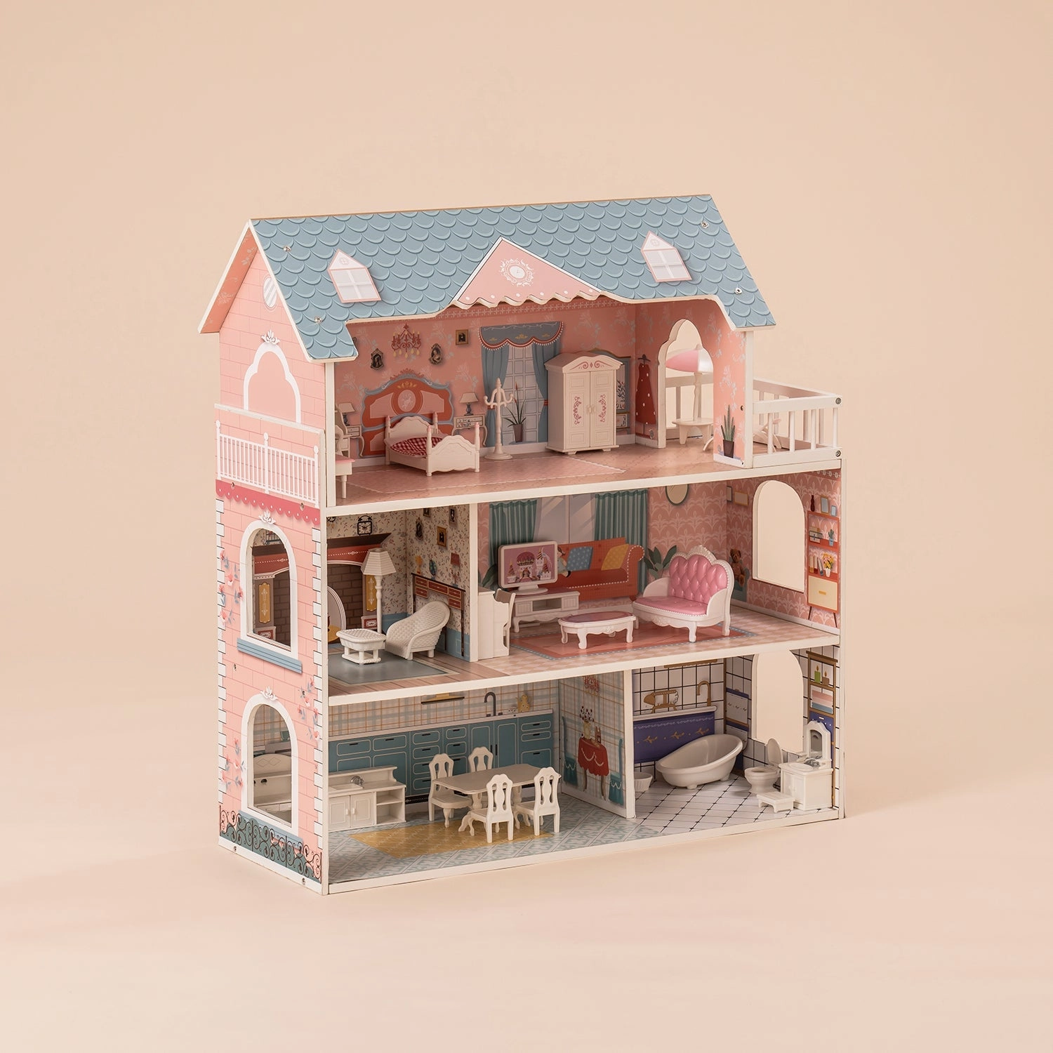 Rootz Wooden Dollhouse for Kids Girls - Princess House - Pretend Play Toy - Encourages Creative Imagination - Endless Hours of Fun - 76 x 38 x 114 cm - Solid Wood