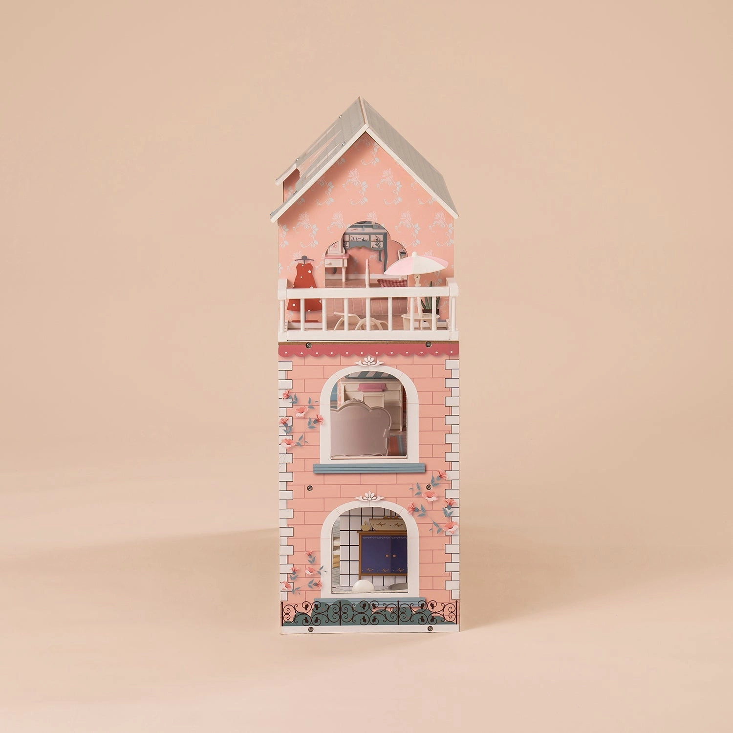 Rootz Wooden Dollhouse for Kids Girls - Princess House - Pretend Play Toy - Encourages Creative Imagination - Endless Hours of Fun - 76 x 38 x 114 cm - Solid Wood