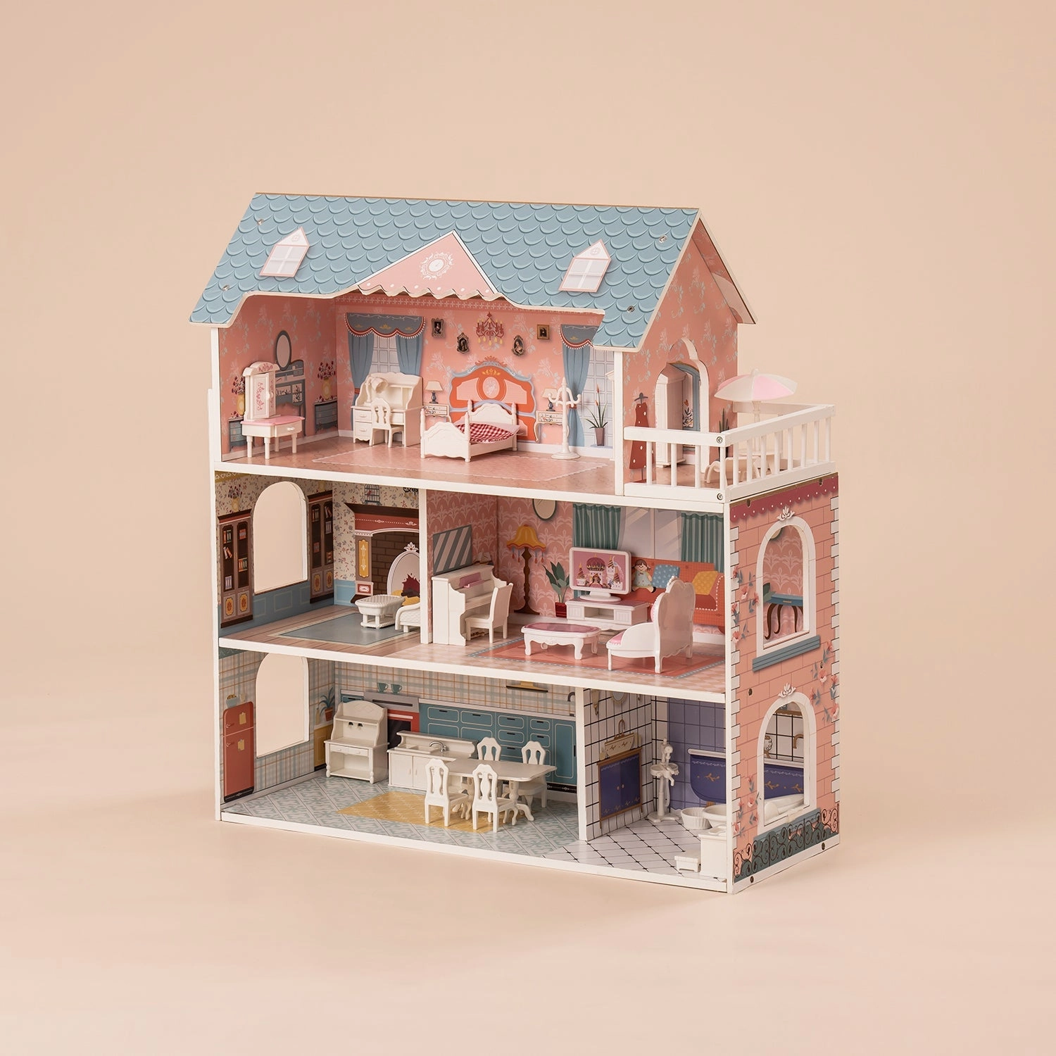 Rootz Wooden Dollhouse for Kids Girls - Princess House - Pretend Play Toy - Encourages Creative Imagination - Endless Hours of Fun - 76 x 38 x 114 cm - Solid Wood