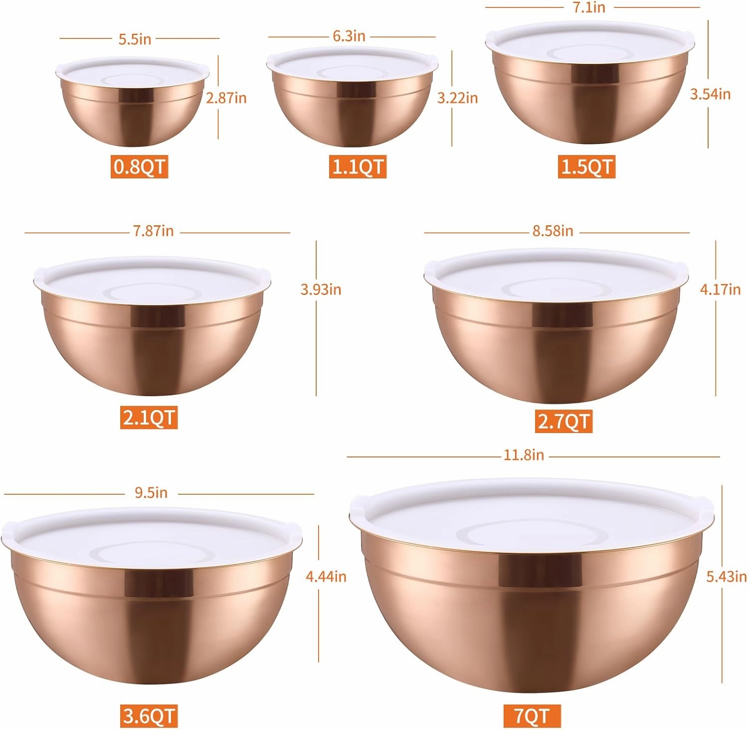 Rose Gold Mixing Bowls With Airtight Lids,Stainless Steel Bowl,Salad Bowls 7 Piece Colorful Nesting Bowl Rose Gold Kitchen Accessories,Size 7,3.6,2.7,2.1,1.5,1.1,0.8QT Stackable Design