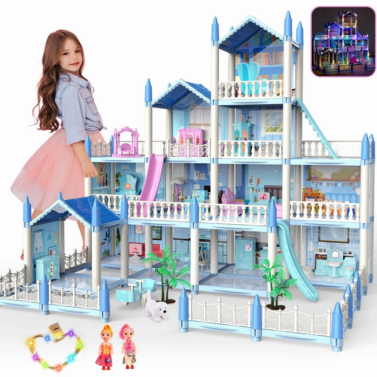 Rynx | Dollhouse with Colorful Light, Pretend Play MultiRoom & 2 Dolls