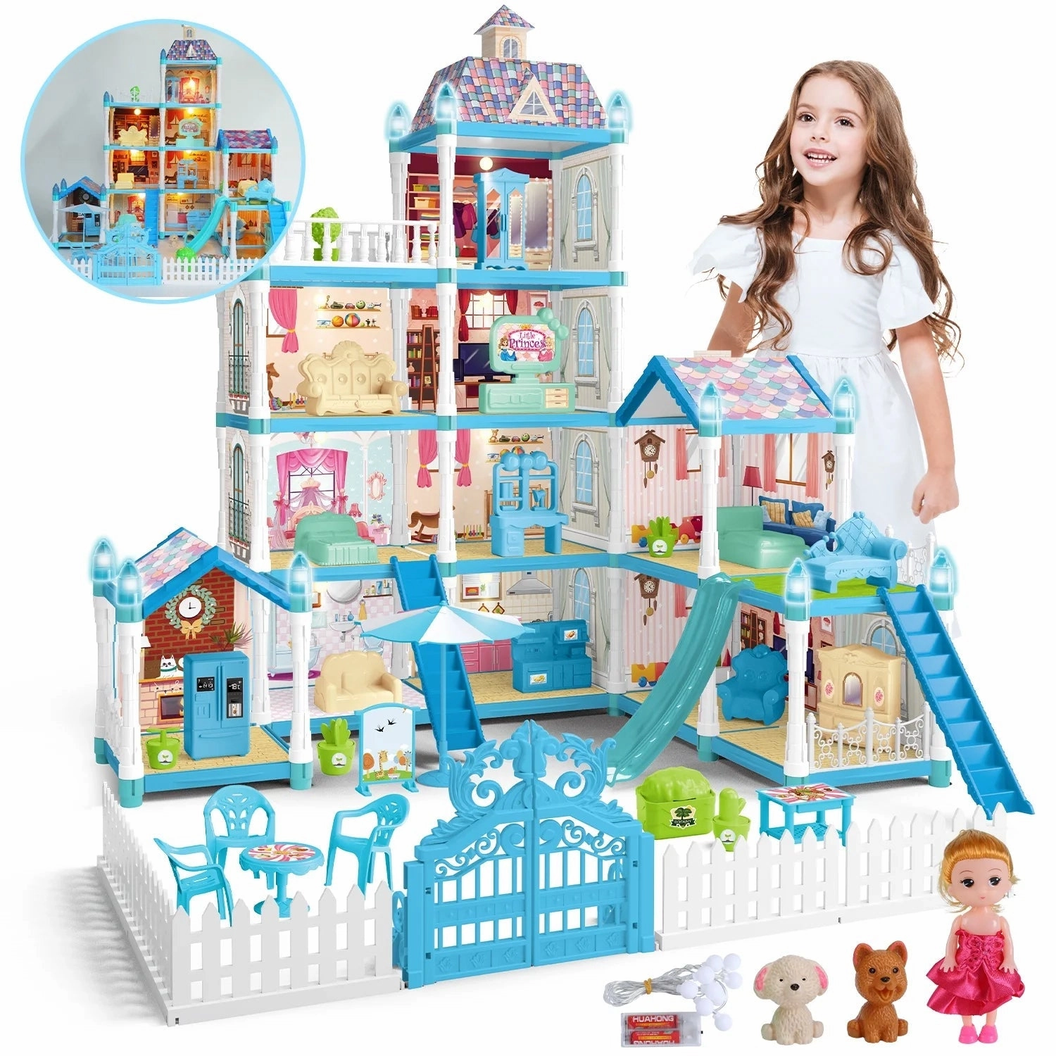 Rynx | Dollhouse with Colorful Light, Pretend Play MultiRoom & 2 Dolls