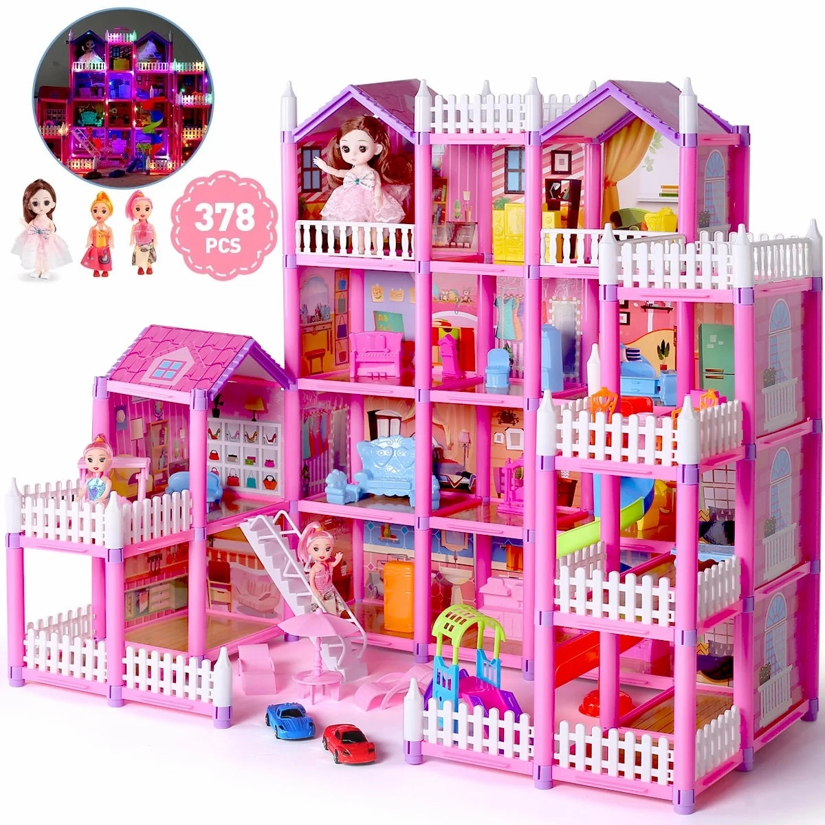 Rynx | Dollhouse with Colorful Light, Pretend Play MultiRoom & 2 Dolls