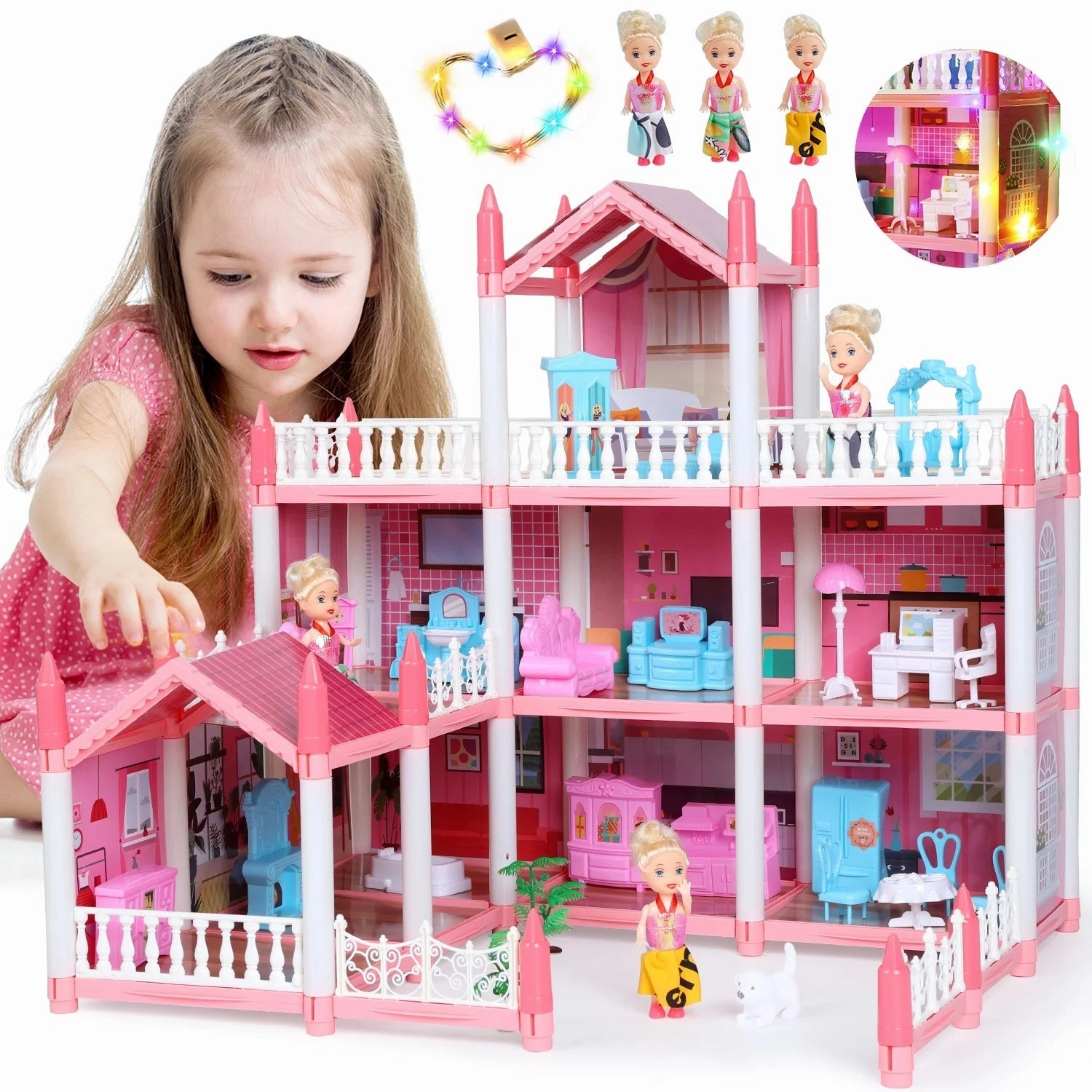 Rynx | Dollhouse with Colorful Light, Pretend Play MultiRoom & 2 Dolls