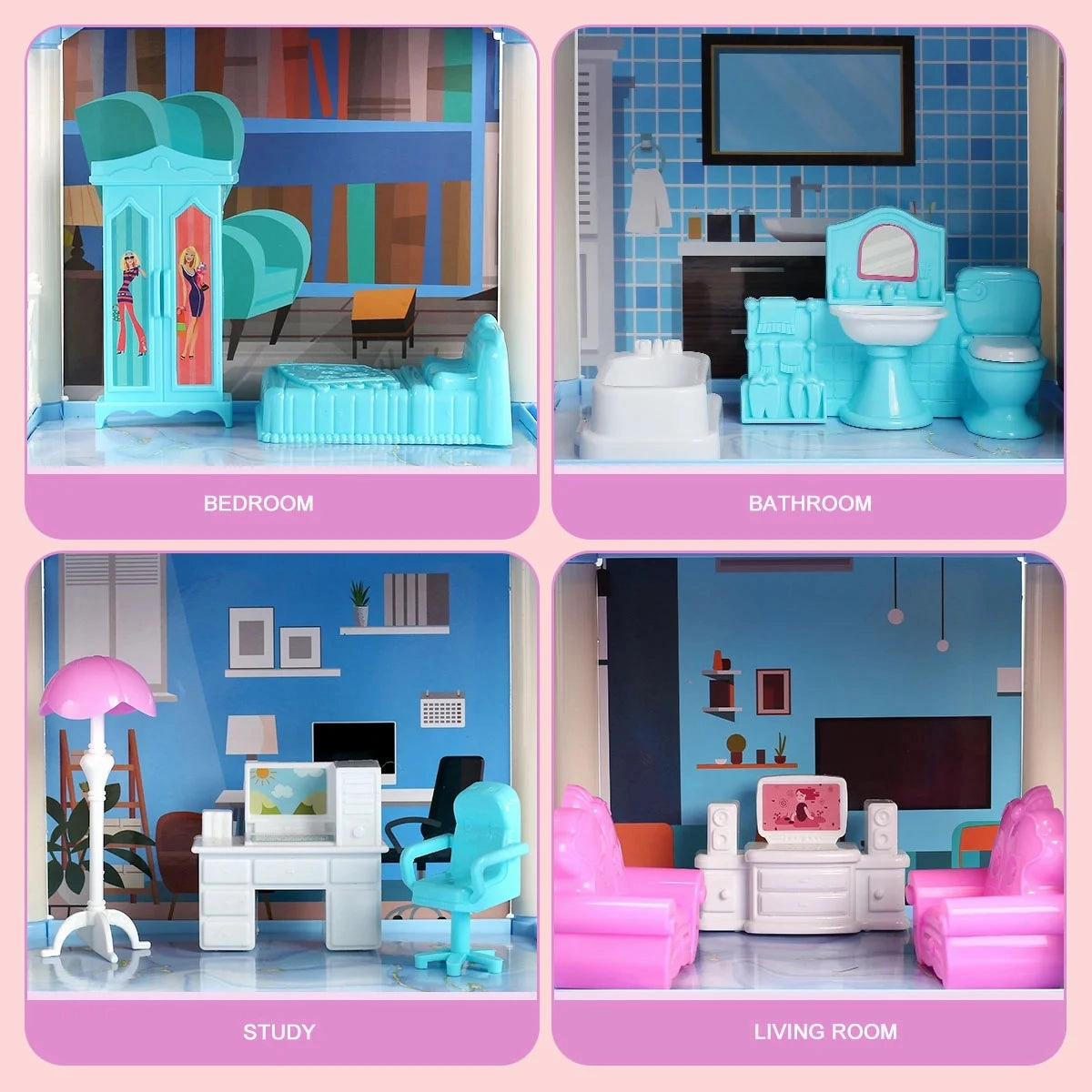 Rynx | Dollhouse with Colorful Light, Pretend Play MultiRoom & 2 Dolls