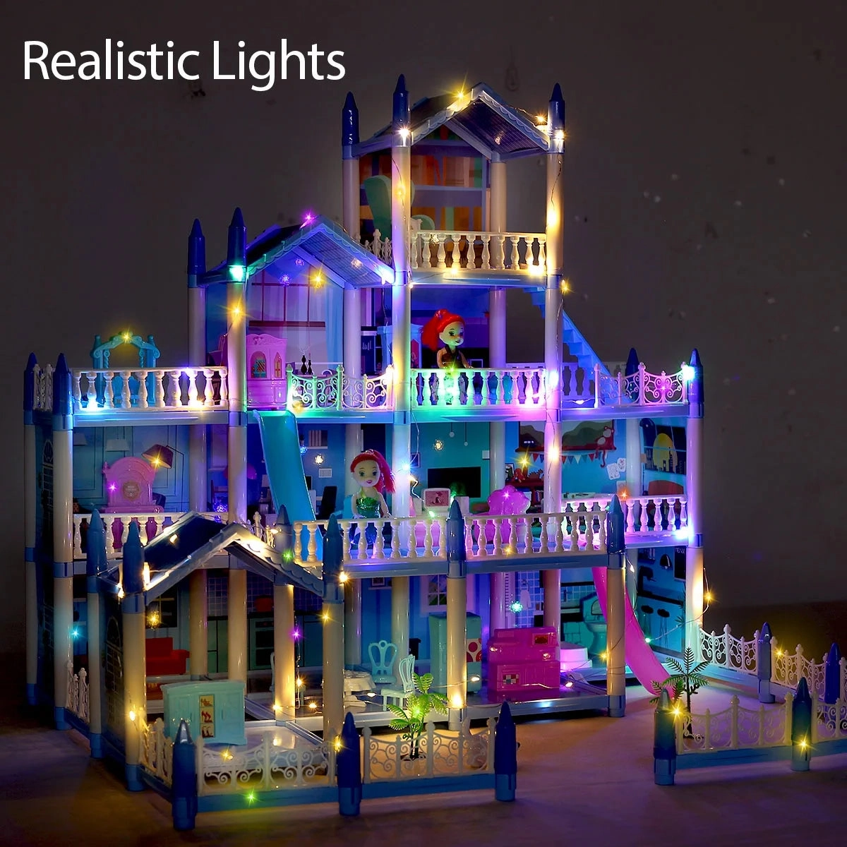 Rynx | Dollhouse with Colorful Light, Pretend Play MultiRoom & 2 Dolls