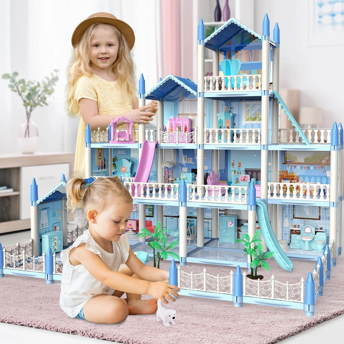 Rynx | Dollhouse with Colorful Light, Pretend Play MultiRoom & 2 Dolls
