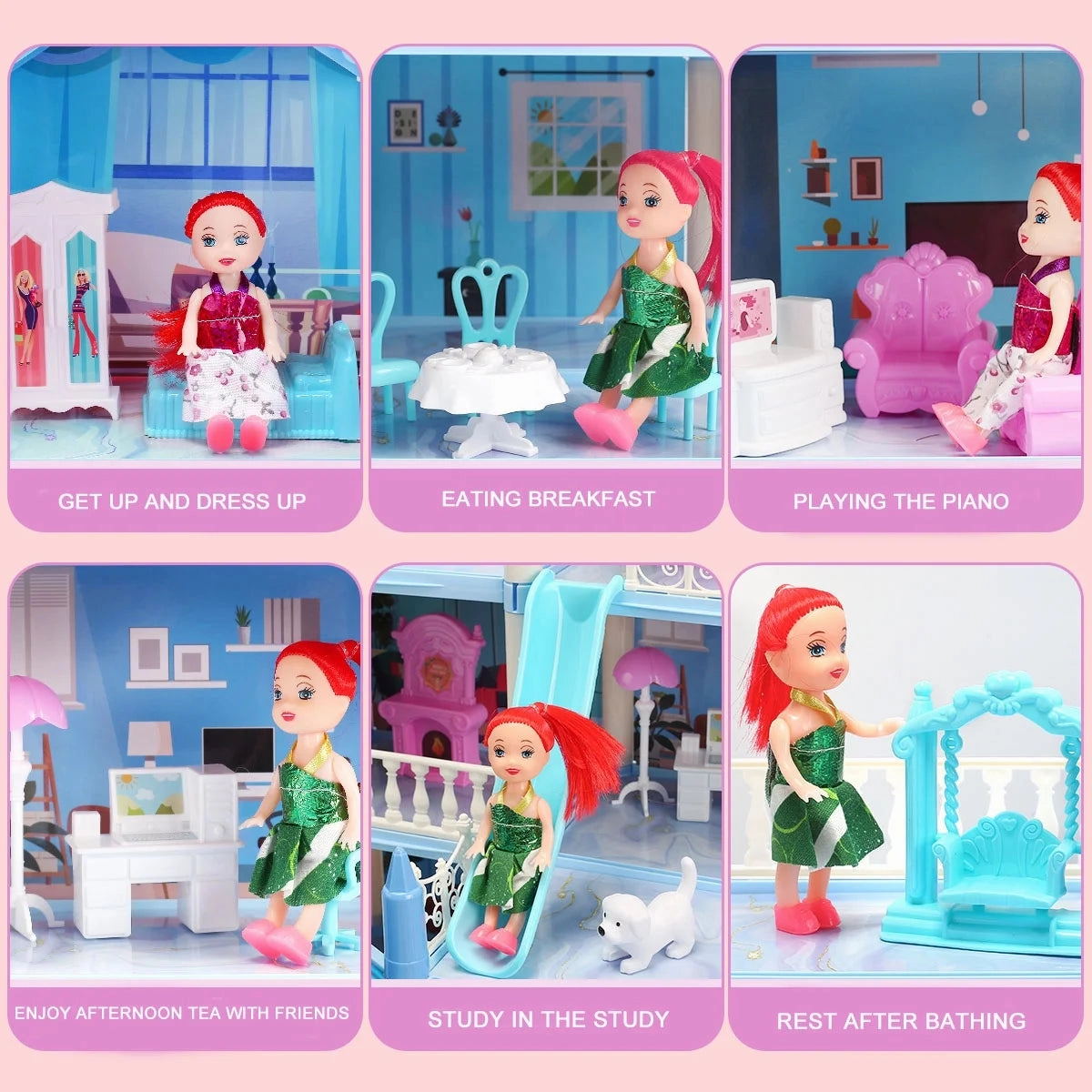 Rynx | Dollhouse with Colorful Light, Pretend Play MultiRoom & 2 Dolls
