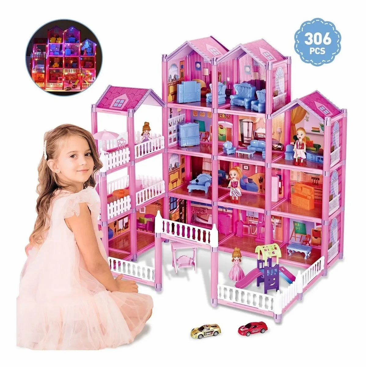 Rynx | Dollhouse with Colorful Light, Pretend Play MultiRoom & 2 Dolls