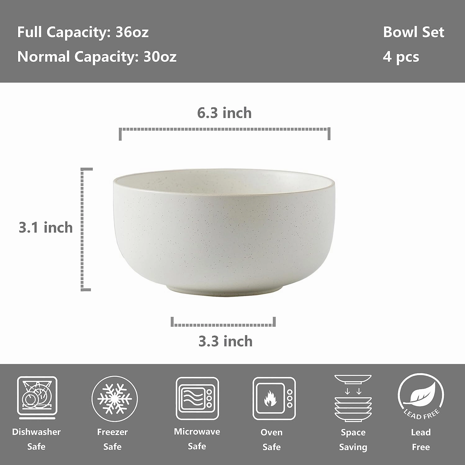 S&Q'S CERAMICS S&Q Ceramic Bowls for Kitchen, 36 Ounce, Large Capacity Cereal Bowls Set of 4, For Soup, Oatmeal, Breakfast, Microwave and Dishwasher Safe, Glazed Matte Off White…