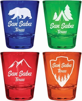 San Saba Texas Souvenir 4-Pack Multicolor Engraved Round Shot Glasses Camping and Outdoors Set