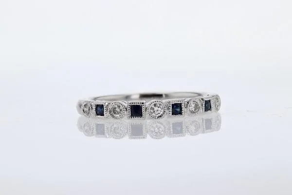 Sapphire Stackable Band With Diamond Station 14K White Gold