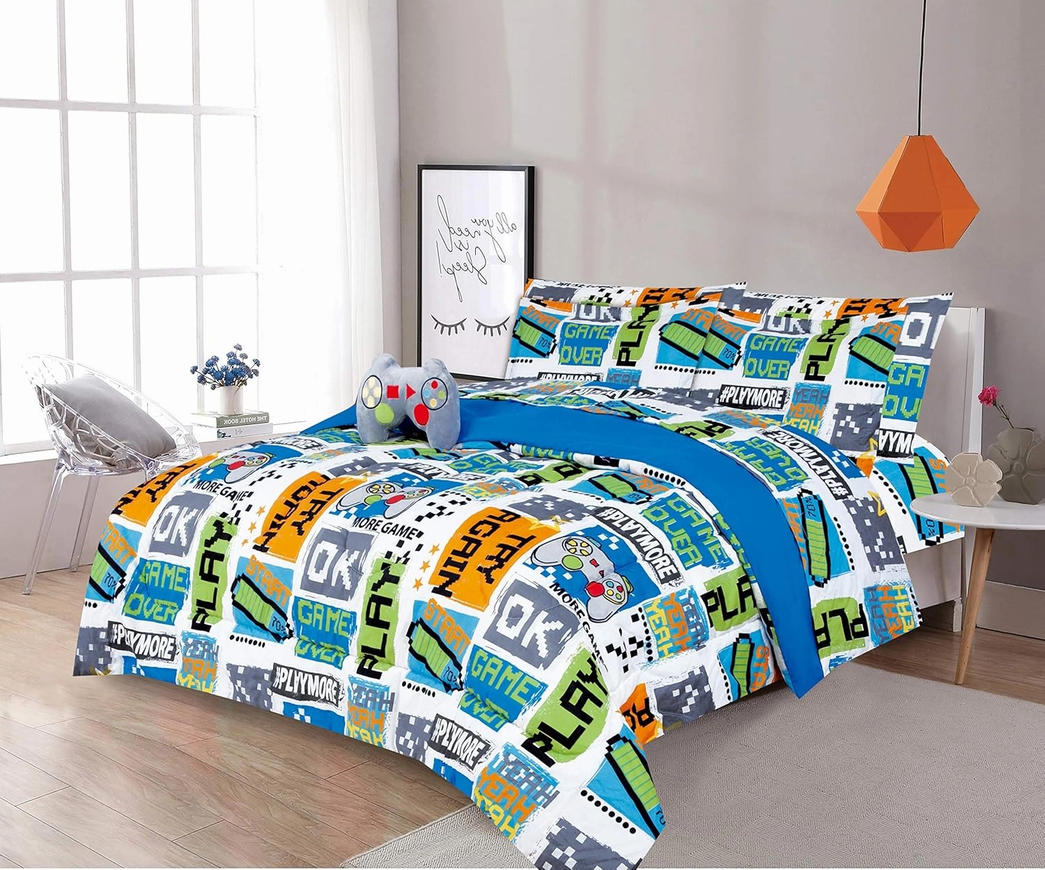Sapphire Home 6 Piece Gamer Bedding Set Twin, Bed in a Bag, Kids Comforter Set with Bed Sheets, Pillow Case, Toy Pillow, Toddler Bedroom Kit, Video Game Bedding, Twin Size