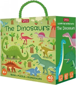 Sassi: Q-Box - The Dinosaurs - Read-Play-Learn Jurassic Set, 40pc Puzzle, Booklet, 10 Dino Figures, Storage Box, Interactive Educational Fun, Kids 4 