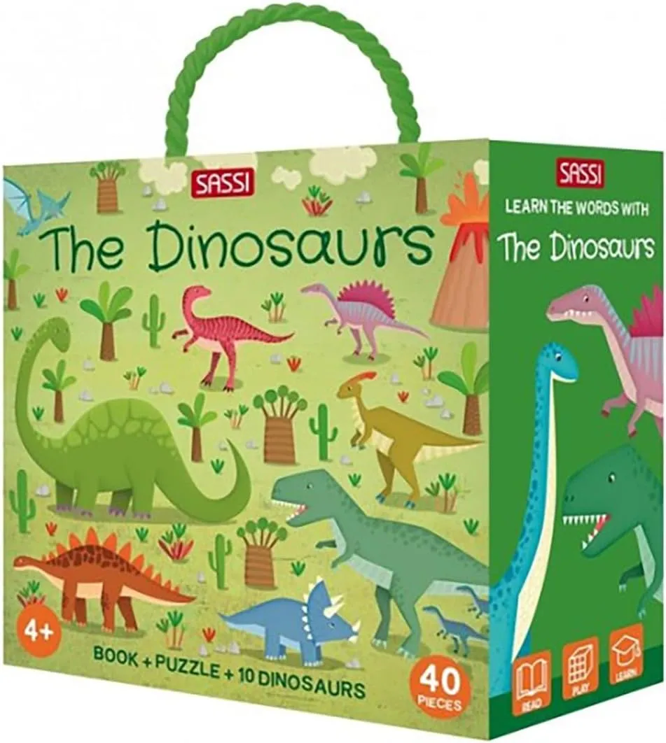 Sassi: Q-Box - The Dinosaurs - Read-Play-Learn Jurassic Set, 40pc Puzzle, Booklet, 10 Dino Figures, Storage Box, Interactive Educational Fun, Kids 4 