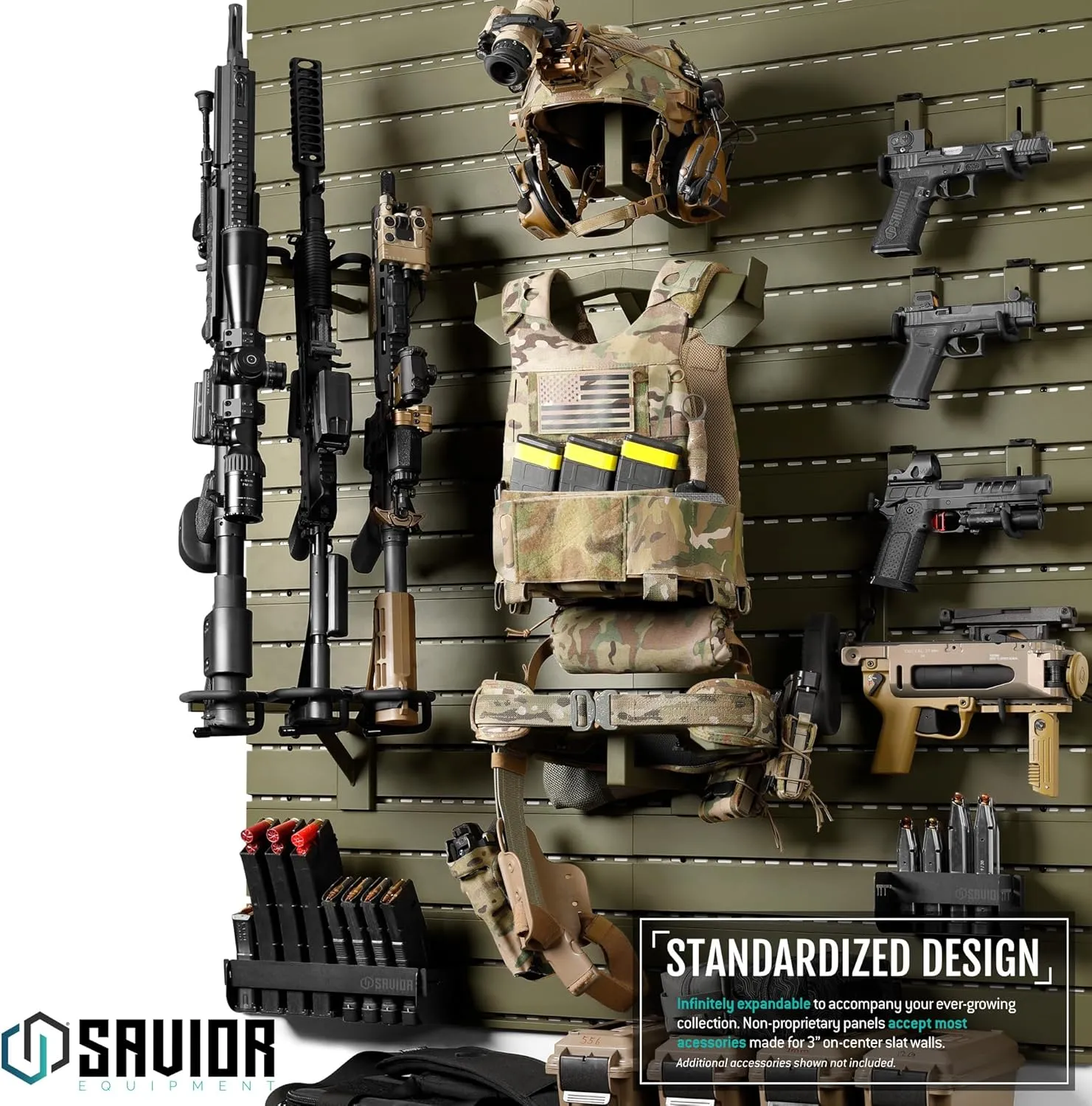 Savior Equipment Wall Rack System Tactical Vest Attachment Gear Wall Mount Display Rack Organizer, Adjustable Width, Heavy-Duty Steel Construction Hold Up to 40 lbs