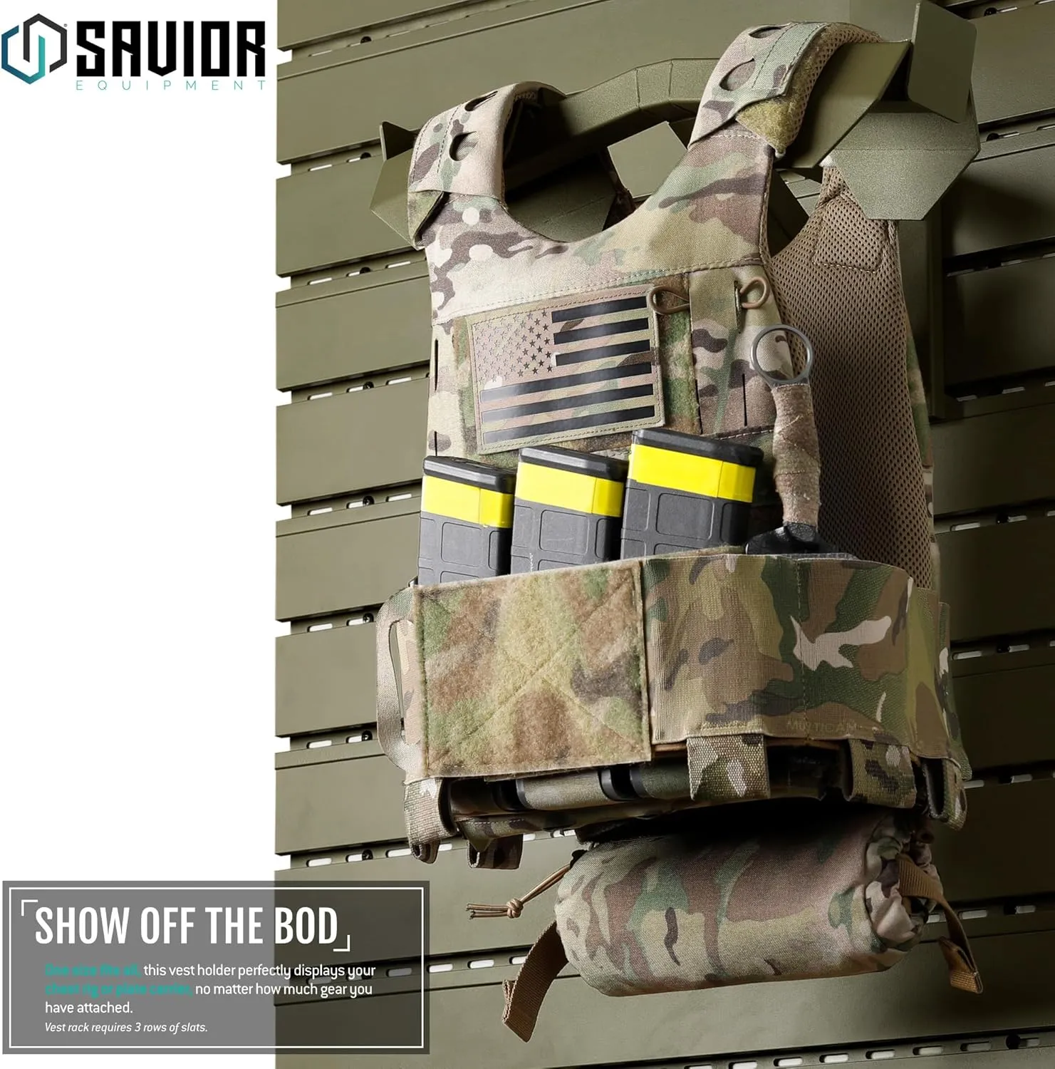 Savior Equipment Wall Rack System Tactical Vest Attachment Gear Wall Mount Display Rack Organizer, Adjustable Width, Heavy-Duty Steel Construction Hold Up to 40 lbs