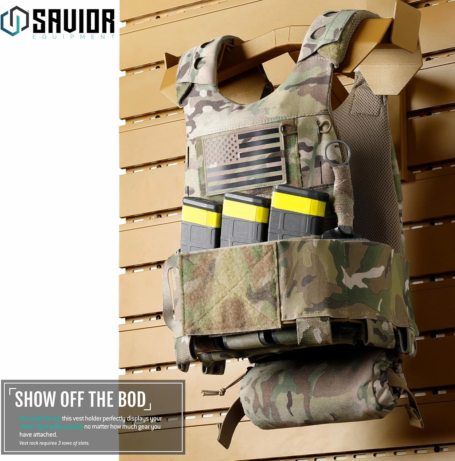 Savior Equipment Wall Rack System Tactical Vest Attachment Gear Wall Mount Display Rack Organizer, Adjustable Width, Heavy-Duty Steel Construction Hold Up to 40 lbs