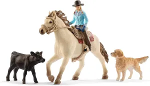 Schleich Western Playset - Cowgirl Figurine with Horse, Cow, Dog and Rodeo Accessories, Realistic Farm Animal Toys, 6-Piece Set for Kids