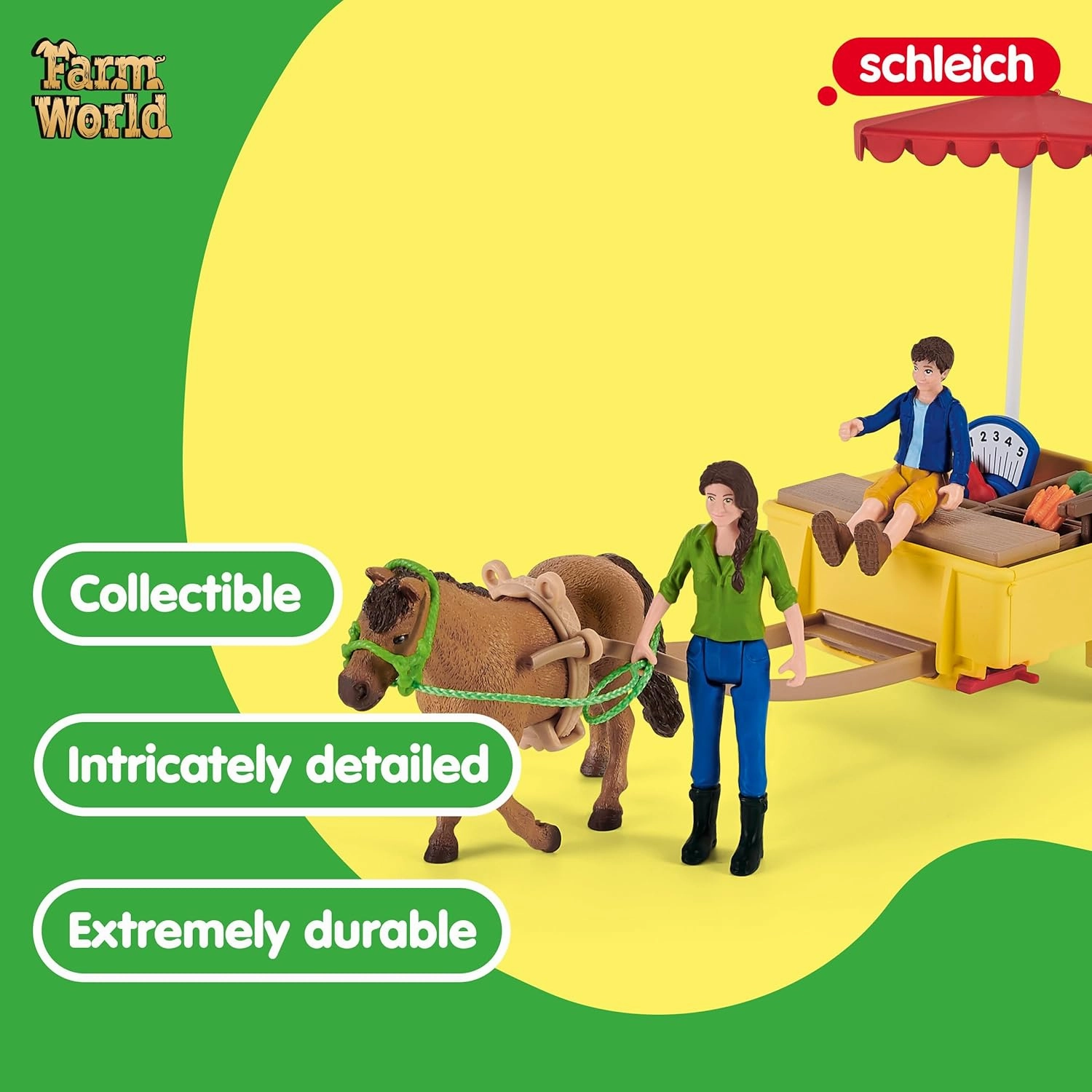 Schleich Farm World — Sunny Day Mobile Farm Stand Playset, Farm Play Set with Farmer Dolls, Horse and Mobile Produce Stand, Farm Animal Toys for Kids Ages 3 