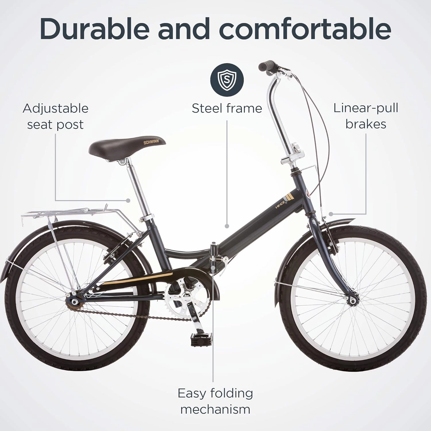 Schwinn Hinge Adult Folding Bike, 20-inch Wheels, Rear Carry Rack, Carrying Bag, Multiple Colors