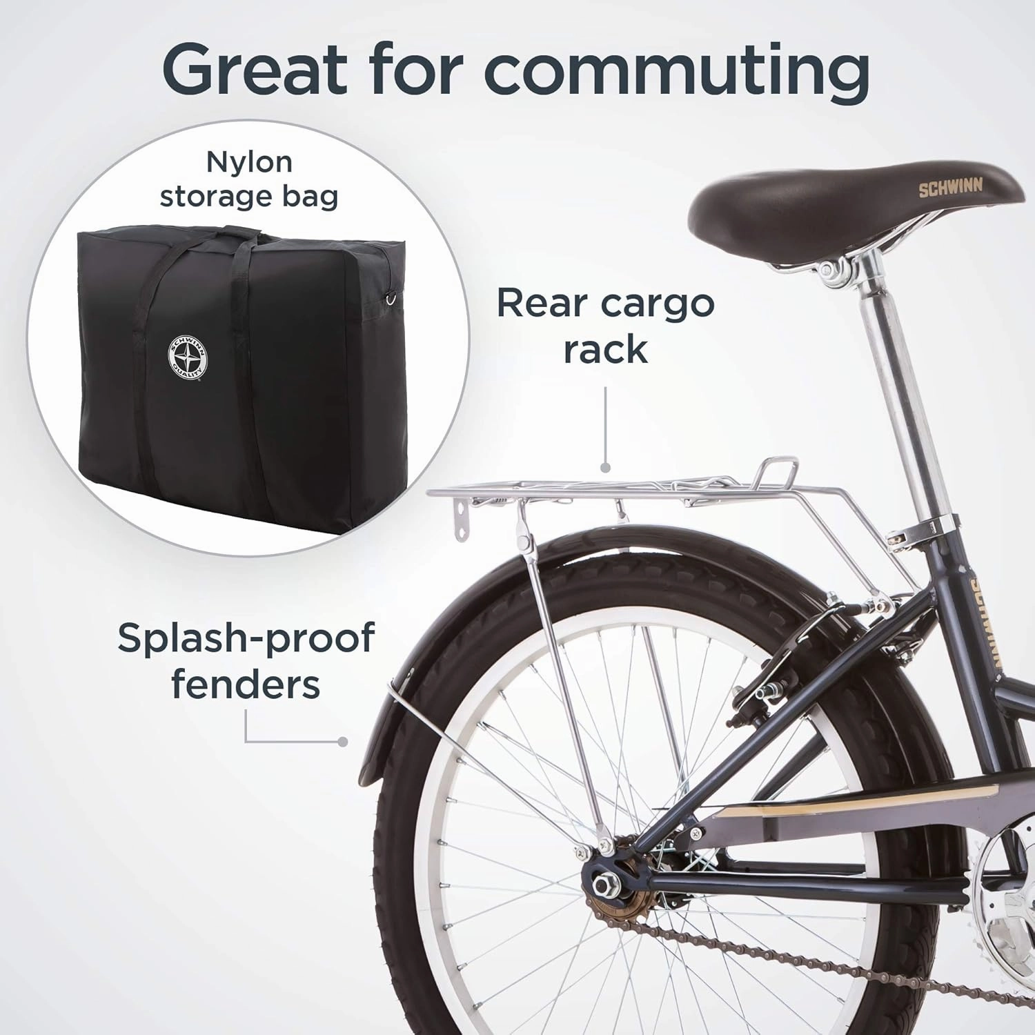 Schwinn Hinge Adult Folding Bike, 20-inch Wheels, Rear Carry Rack, Carrying Bag, Multiple Colors