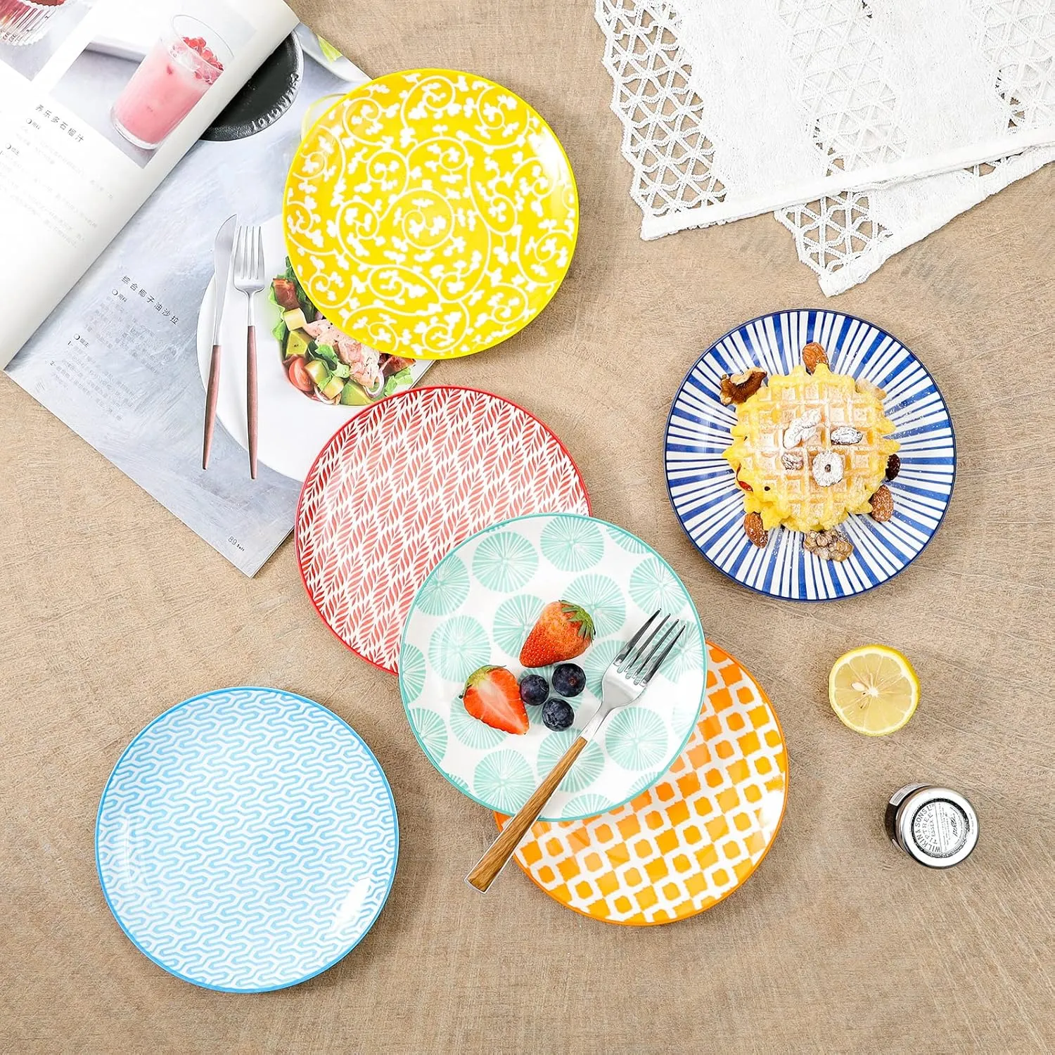 Selamica Ceramic Dessert Plates Set of 6, 6 Inch Mini Dinner Plates for Cake Snacks Side Dish, Microwave & Dishwasher Safe