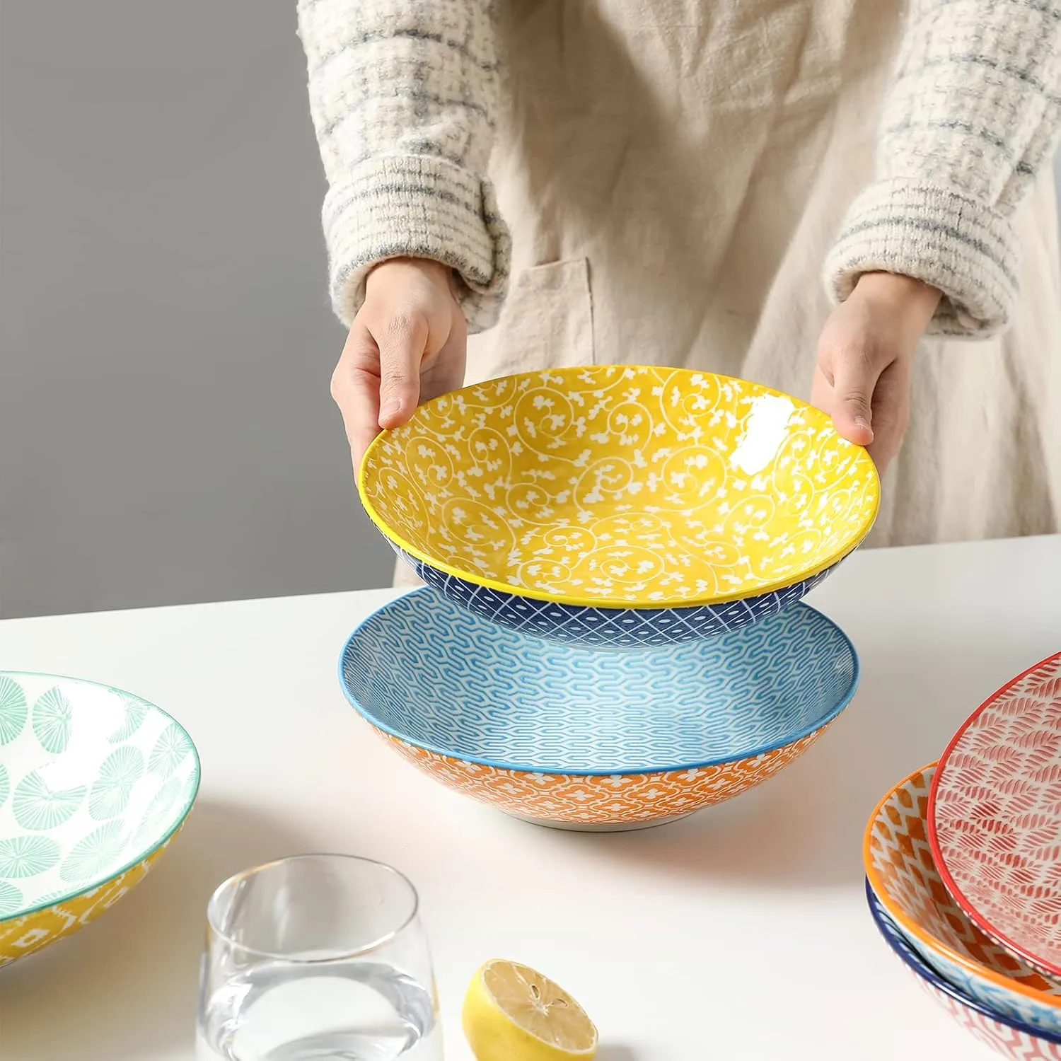 Selamica Porcelain 40oz Large Bowls 9 inch Big Pasta Salad Bowls, Microwave and Oven Safe, Colorful, Set of 6