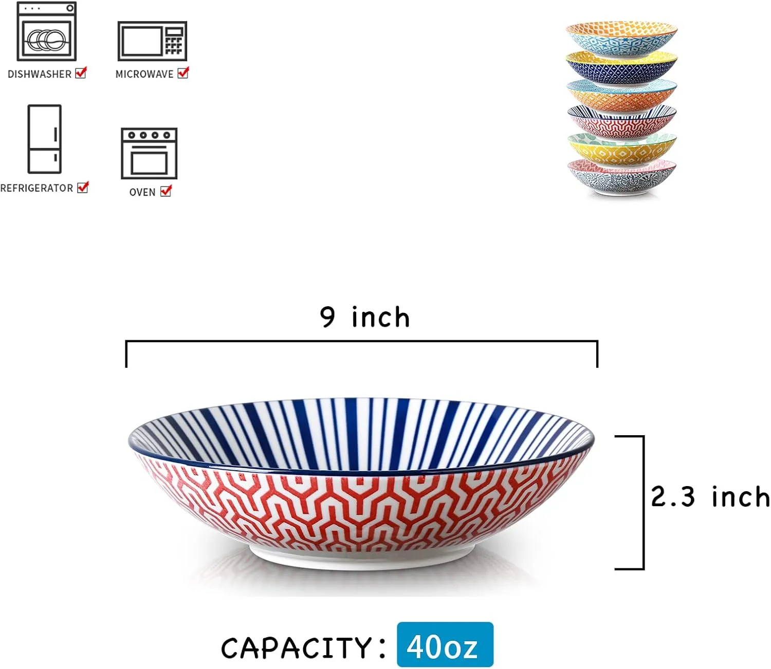 Selamica Porcelain 40oz Large Bowls 9 inch Big Pasta Salad Bowls, Microwave and Oven Safe, Colorful, Set of 6