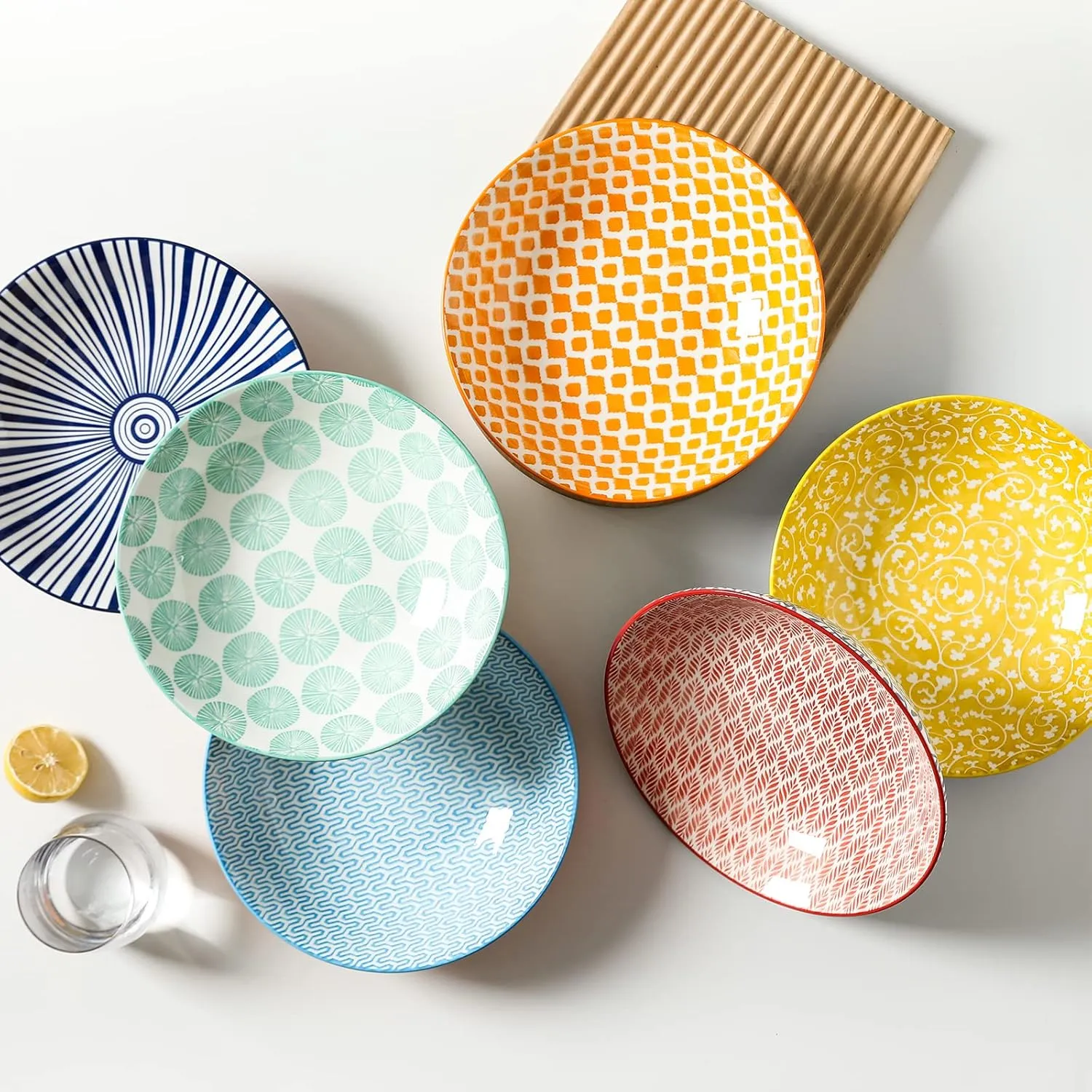 Selamica Porcelain 40oz Large Bowls 9 inch Big Pasta Salad Bowls, Microwave and Oven Safe, Colorful, Set of 6