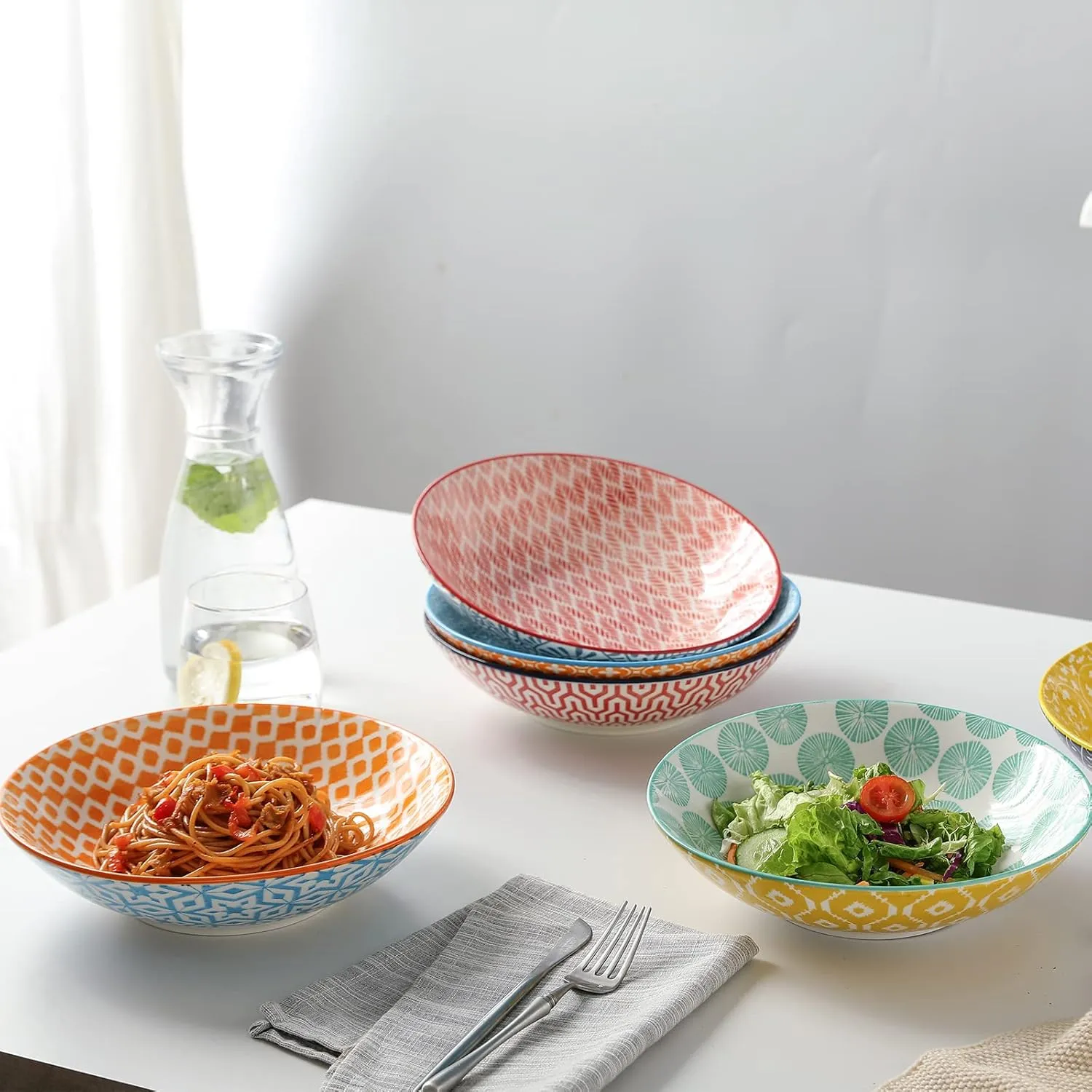 Selamica Porcelain 40oz Large Bowls 9 inch Big Pasta Salad Bowls, Microwave and Oven Safe, Colorful, Set of 6