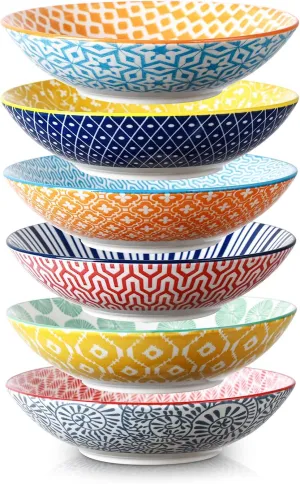 Selamica Porcelain 40oz Large Bowls 9 inch Big Pasta Salad Bowls, Microwave and Oven Safe, Colorful, Set of 6