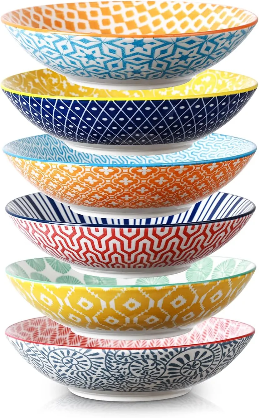 Selamica Porcelain 40oz Large Bowls 9 inch Big Pasta Salad Bowls, Microwave and Oven Safe, Colorful, Set of 6