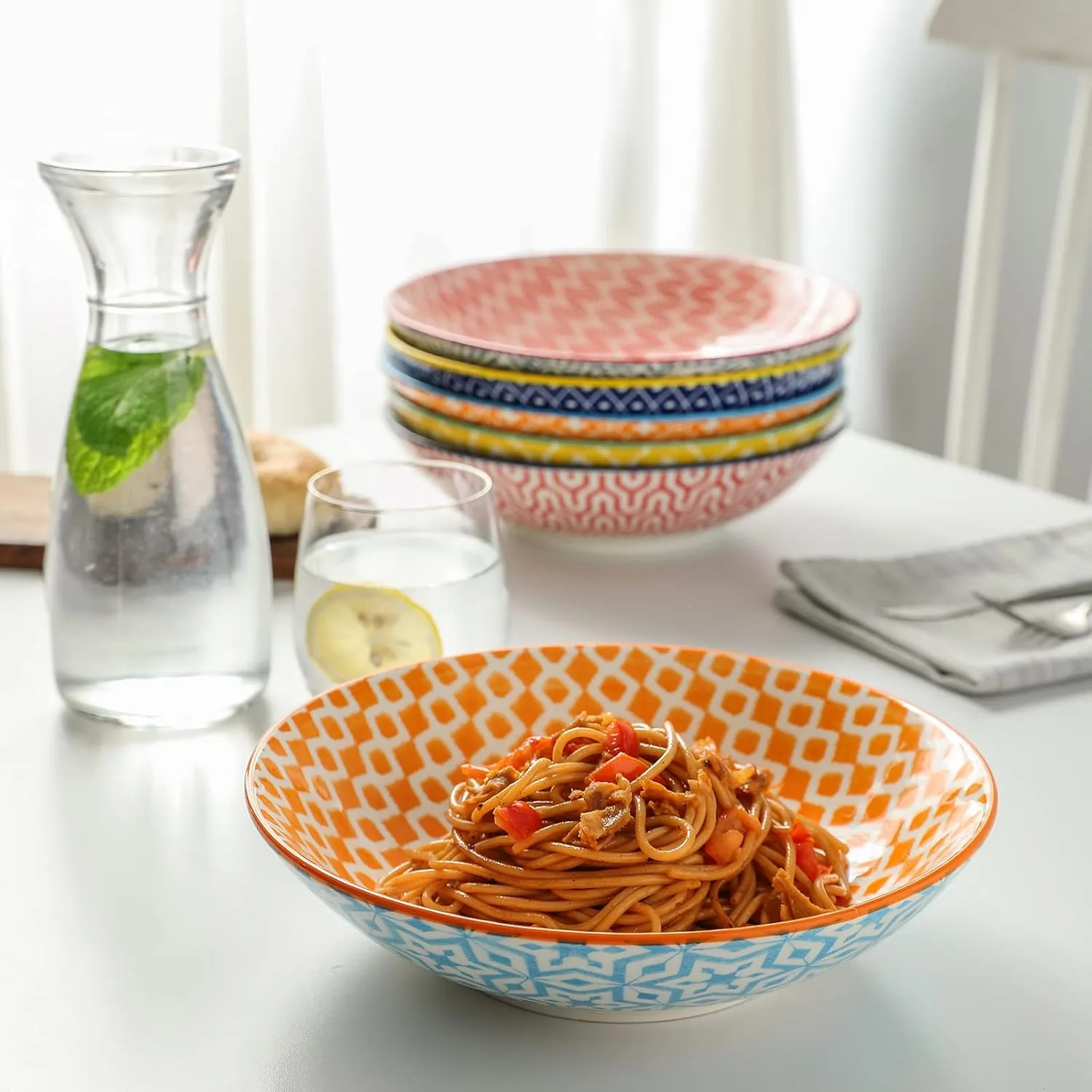 Selamica Porcelain 40oz Large Bowls 9 inch Big Pasta Salad Bowls, Microwave and Oven Safe, Colorful, Set of 6