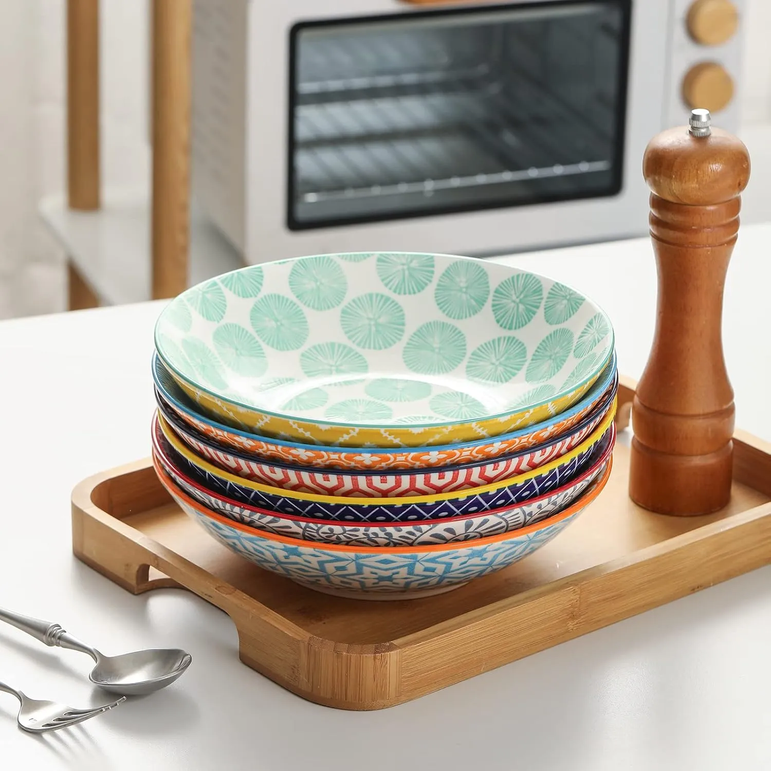 Selamica Porcelain 40oz Large Bowls 9 inch Big Pasta Salad Bowls, Microwave and Oven Safe, Colorful, Set of 6