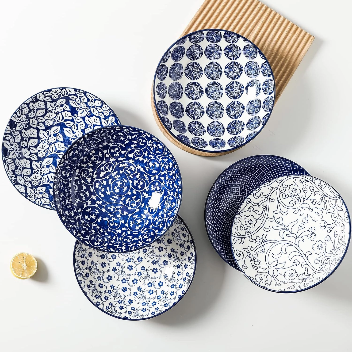 Selamica Ceramic 30oz Large Pasta Salad Bowls 8 Inch Wide and Shallow Soup Bowls, Stackable, Microwave and Oven Safe, Set Of 6, Vintage Blue