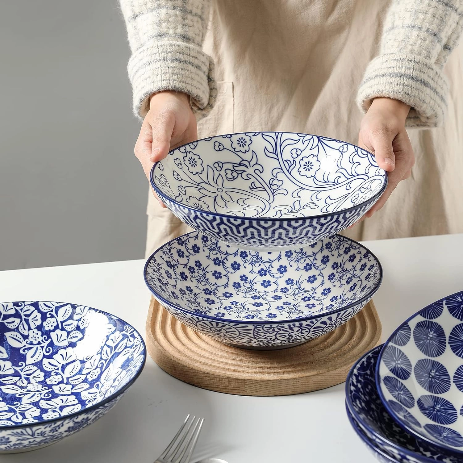 Selamica Ceramic 30oz Large Pasta Salad Bowls 8 Inch Wide and Shallow Soup Bowls, Stackable, Microwave and Oven Safe, Set Of 6, Vintage Blue