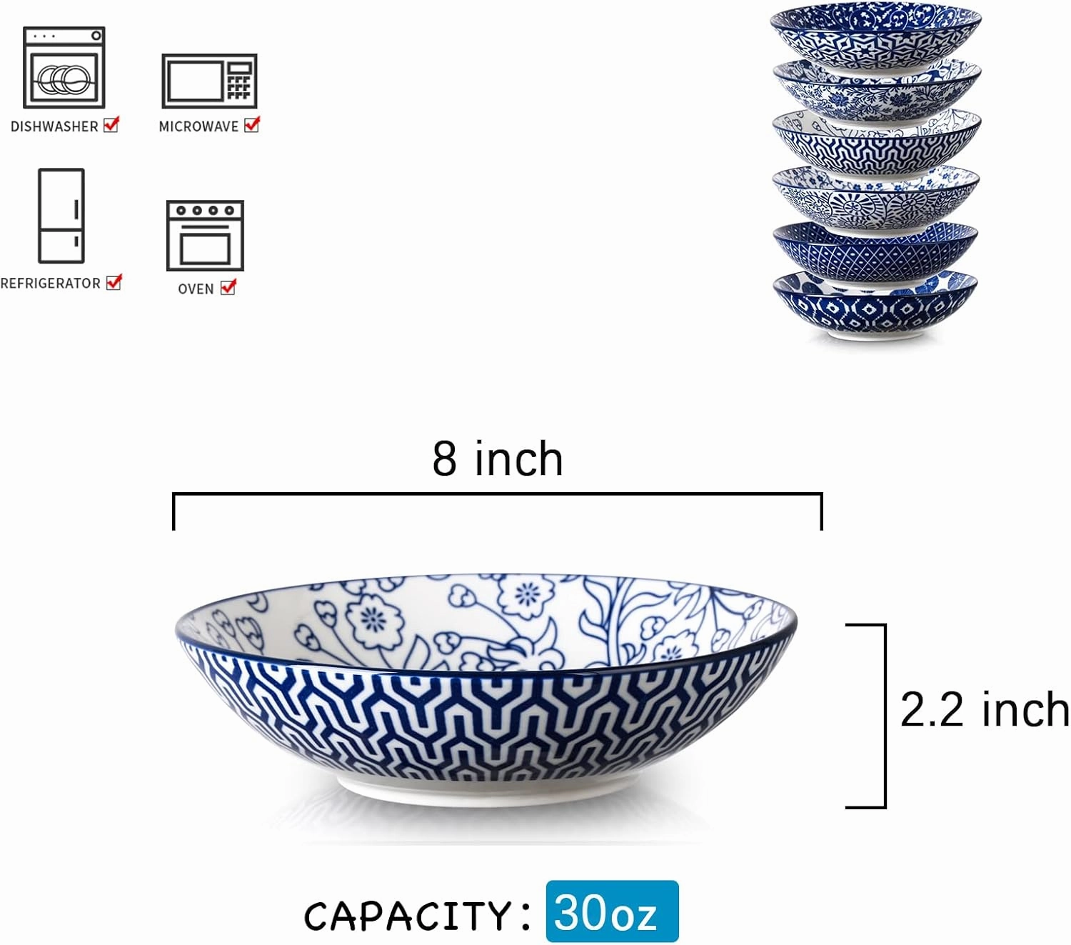 Selamica Ceramic 30oz Large Pasta Salad Bowls 8 Inch Wide and Shallow Soup Bowls, Stackable, Microwave and Oven Safe, Set Of 6, Vintage Blue