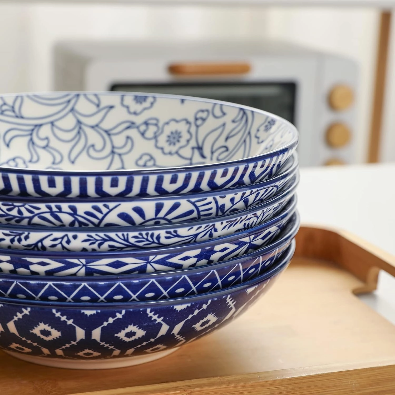 Selamica Ceramic 30oz Large Pasta Salad Bowls 8 Inch Wide and Shallow Soup Bowls, Stackable, Microwave and Oven Safe, Set Of 6, Vintage Blue