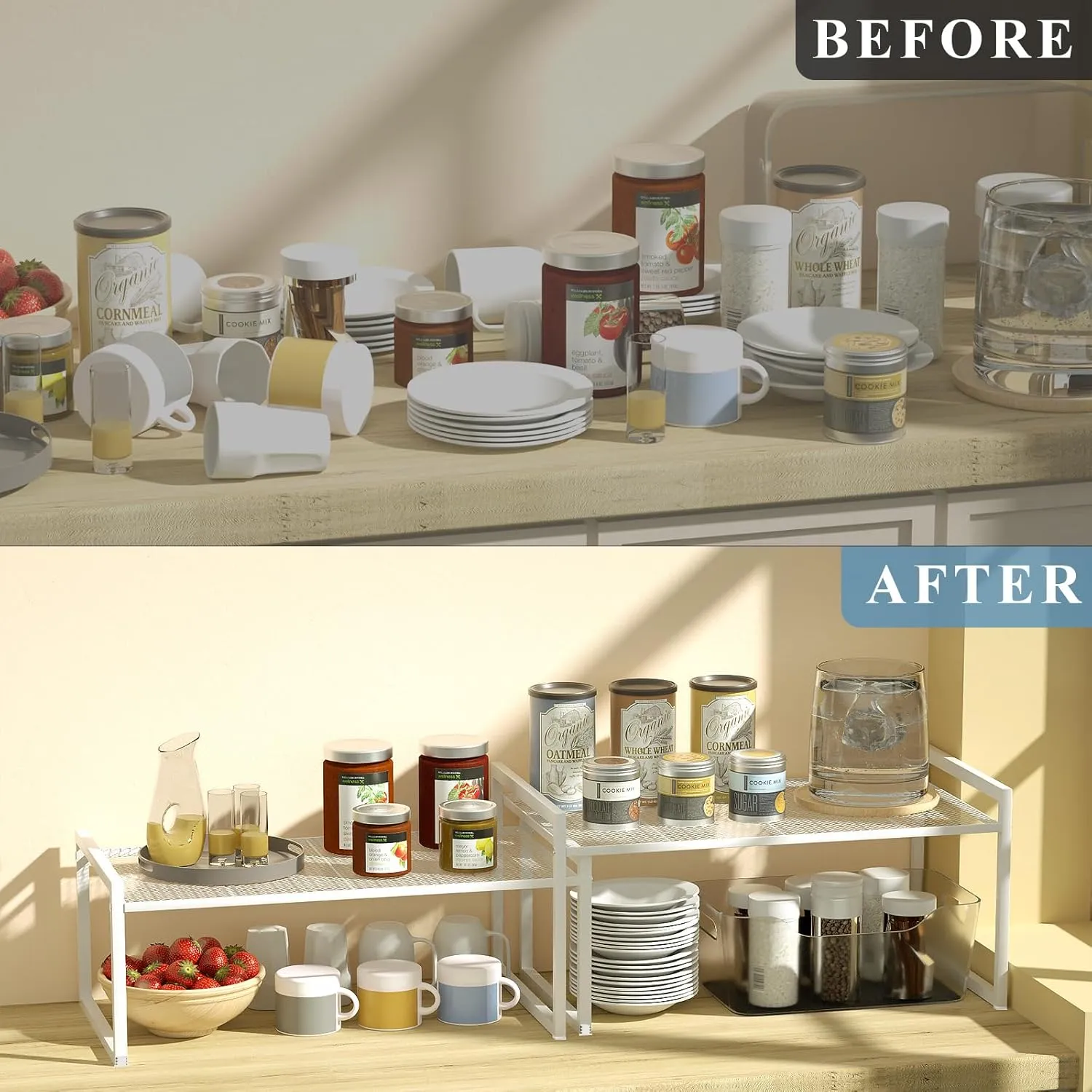Set of 2 Kitchen Cabinet Organizer Shelf Stackable Sturdy Metal Counter Countertop Pantry Storage Rack