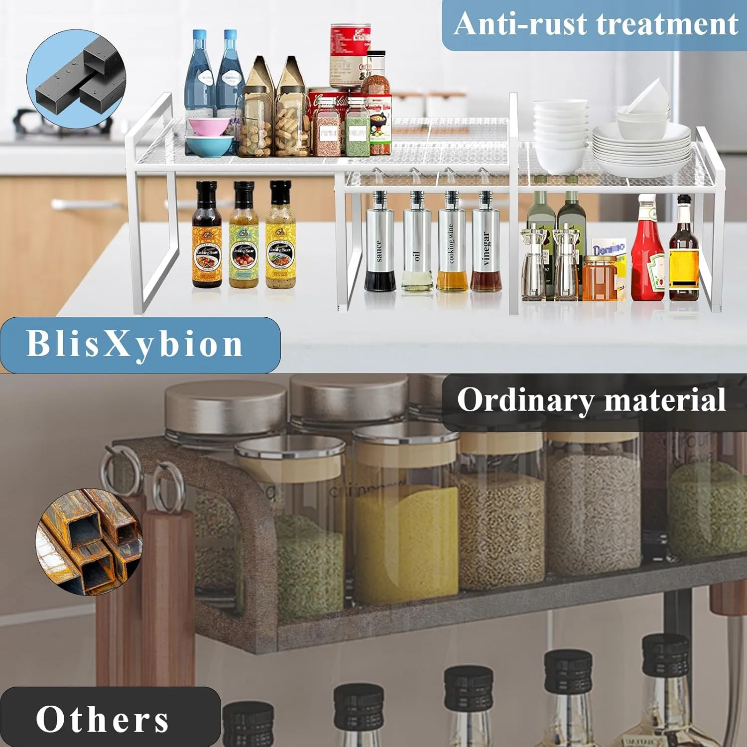 Set of 2 Kitchen Cabinet Organizer Shelf Stackable Sturdy Metal Counter Countertop Pantry Storage Rack