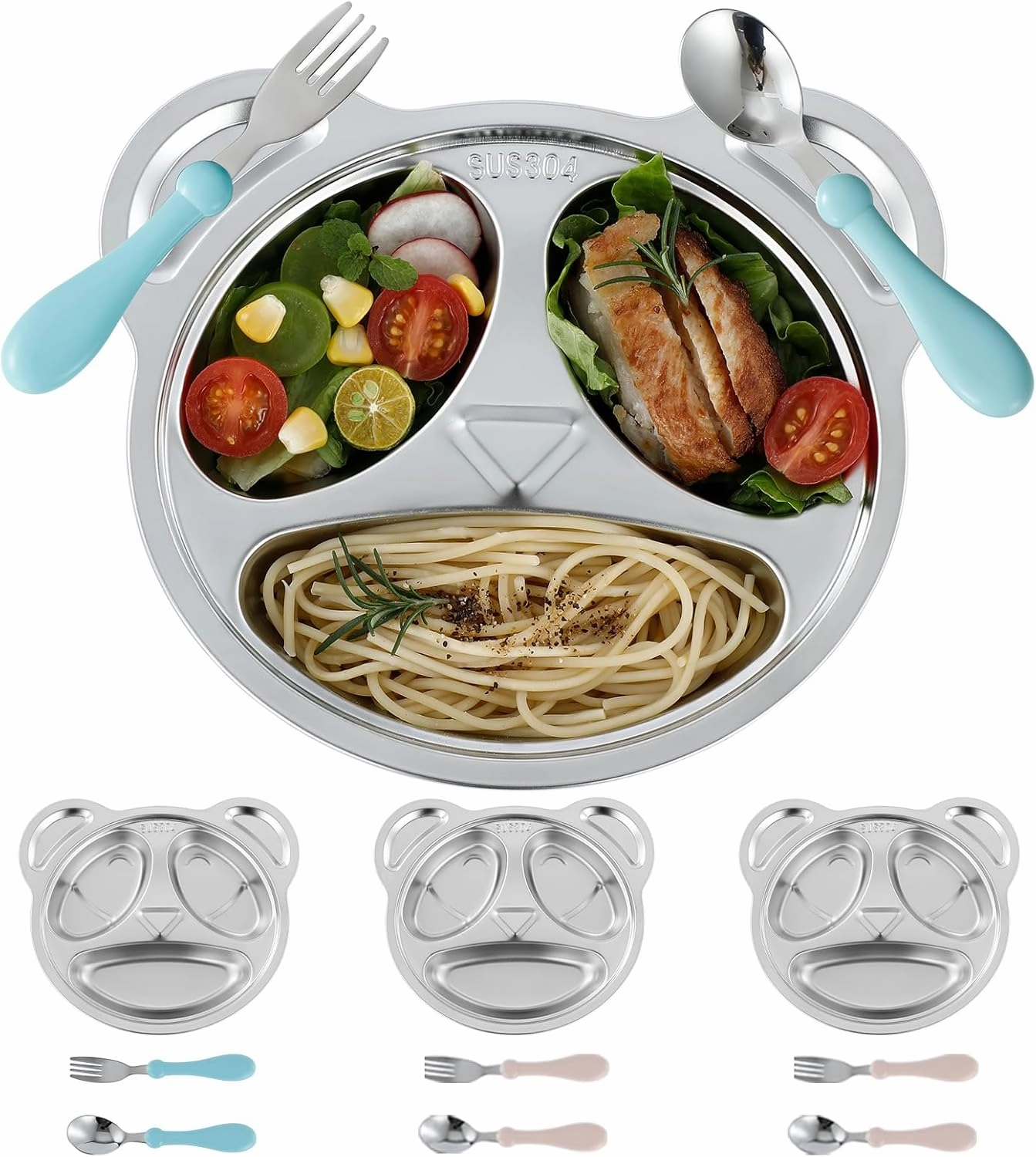 Set of 4 Stainless Steel Divided Plates and utensils for kids,3 Compartment Toddler Plate Metal Kid Dinner Tray BPA Free, Cute Panda Shape Toddlers Dishes Dinnerware Picky Eater bowls