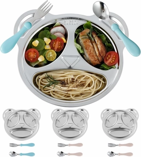 Set of 4 Stainless Steel Divided Plates and utensils for kids,3 Compartment Toddler Plate Metal Kid Dinner Tray BPA Free, Cute Panda Shape Toddlers Dishes Dinnerware Picky Eater bowls