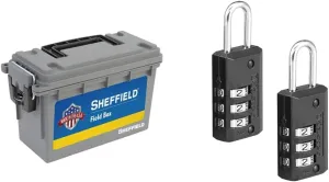 Sheffield 12628 Field Box, Pistol, Rifle, or Shotgun Ammo Storage Box, Tamper-Proof Locking Ammo Can, Water Resistant, Stackable, Gray & Master Lock 646T Set Your Own Combination Luggage Lock