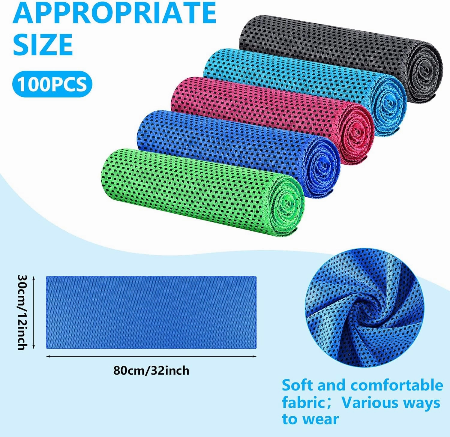 Shellwei 100 Pcs Cooling Towels Bulk 32 x 12 Inch Ice Towel Bulk Cooling Rag for Neck and Face Soft Breathable Microfiber Cloth Chilly Quick Cold for Yoga Gym Sport Golf Running Work Stay Cold
