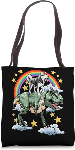Siberian Husk Rides a Dinosaur Dino Tote Bag