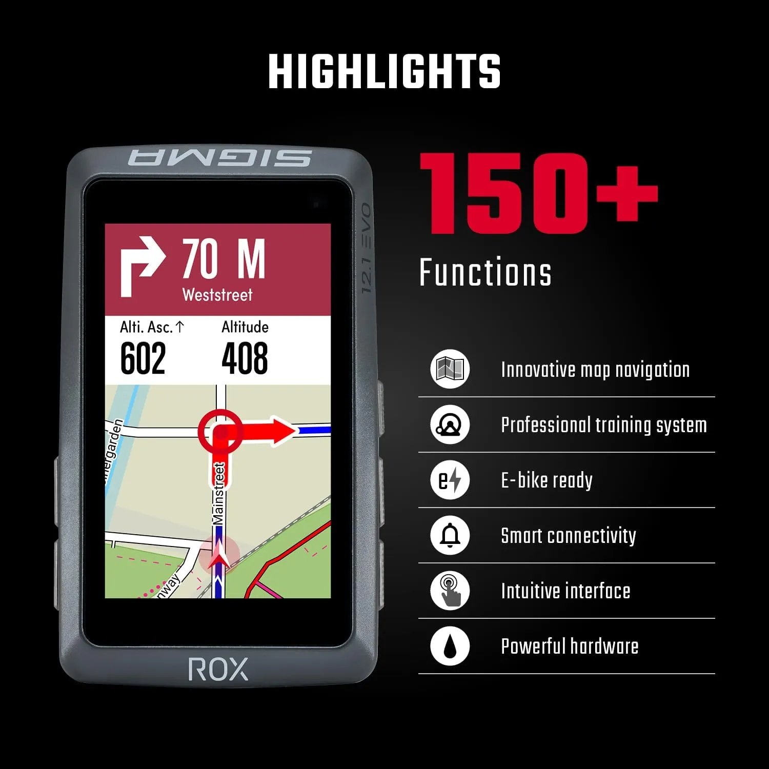SIGMA Sport ROX 12.1 EVO GPS Bike Computer, White/Night Grey, Navigation, Workout, Indoor & Outdoor Training, Quick Mounting, E-Bike Ready, Smart Phone Connectivity, Lightweight, Basic Set