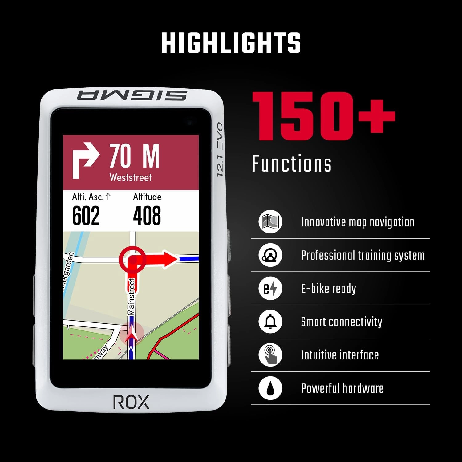 SIGMA Sport ROX 12.1 EVO GPS Bike Computer, White/Night Grey, Navigation, Workout, Indoor & Outdoor Training, Quick Mounting, E-Bike Ready, Smart Phone Connectivity, Lightweight, Basic Set