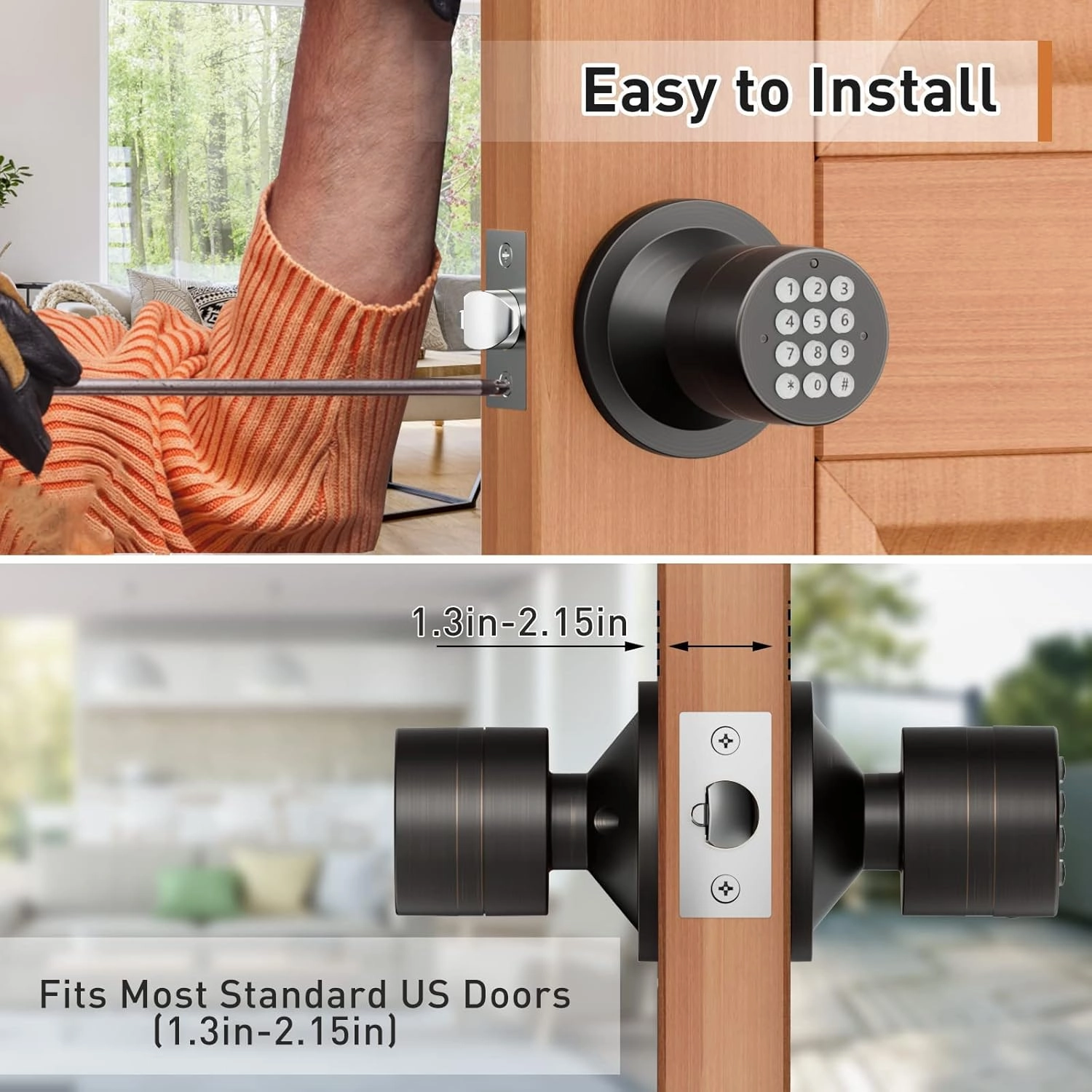 Signstek Keyless Entry Door Lock,Door Knob with Keypad，Smart Code Door Lock,Mute Mode,Passage Function, Easy to Install,Oil Rubbed Bronze